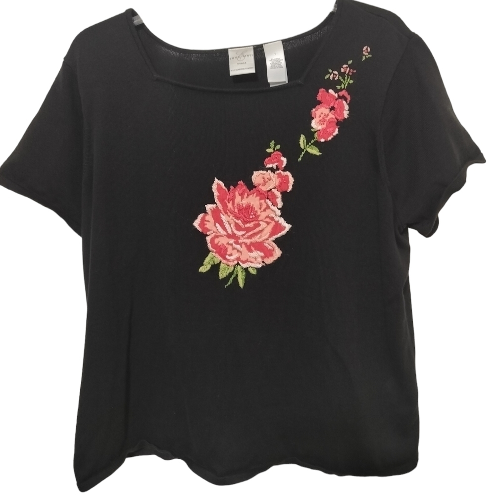 (1622) Emma James Black Embroidered Pink Flower Sweater Shirt Plus Size 1X